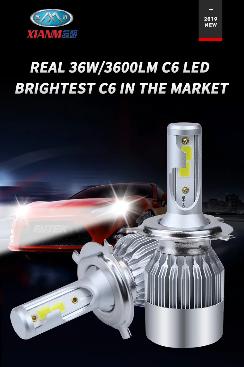 Auto Lighting System C6 Led Headlight H7 36W 3800lm H1 H3 H4 H7 H9 9004