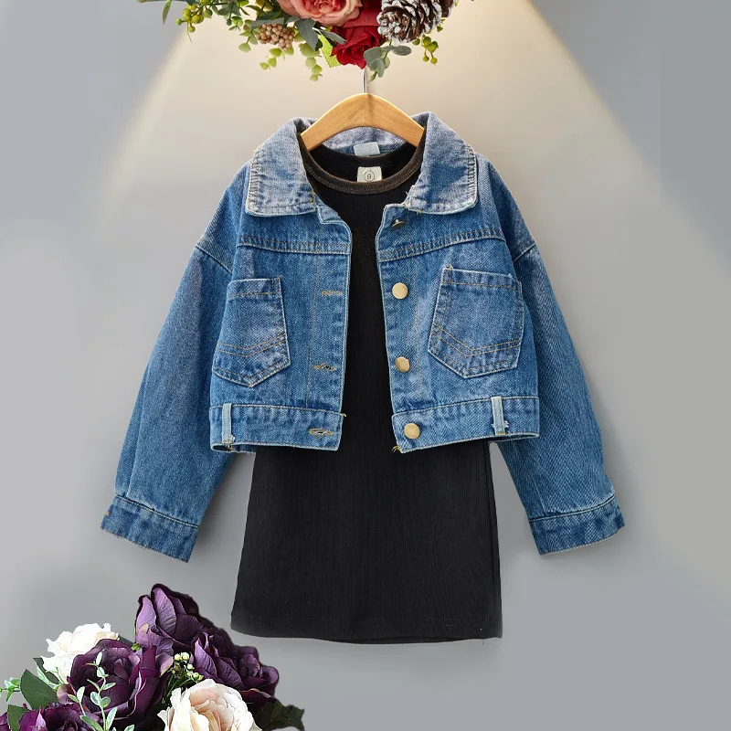 
Autumn Korean fashion kids 2 piece sets denim jacket skirts for kids girls black girl cotton dress 