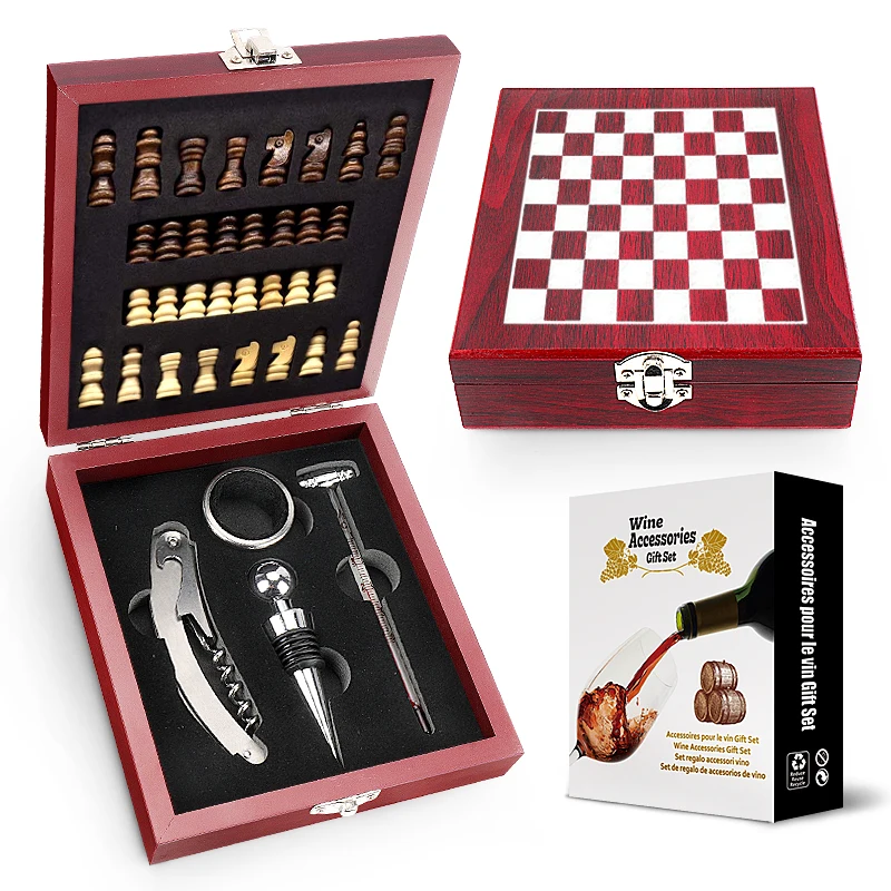 4pcs Wine Accessory Set Wine Corkscrew Wooden Box Chess Wine Set Gift