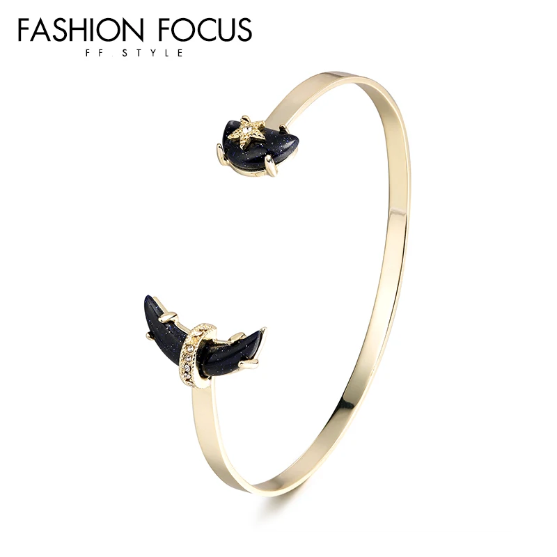 Popular high quality brass plated black stone moon star open ladies fashion bracelet(图1)