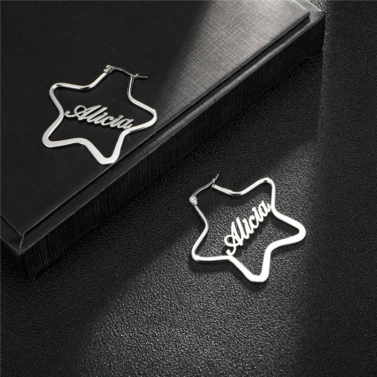 Personalized Jewelry Stainless Steel Silver Star Hoop Earrings Custom Any Name Earrings For Valentines Day Gifts