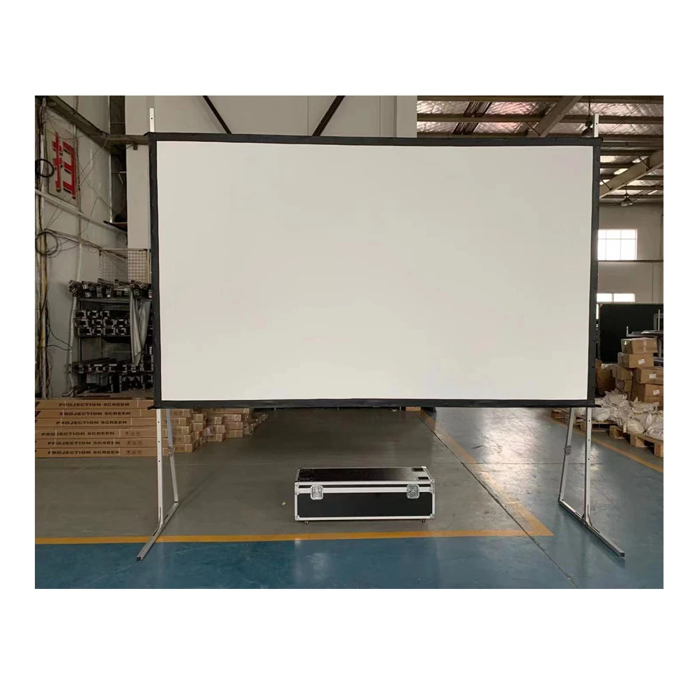 Pull-down rear projection screen mounted on wall, fully extended, with projector visible behind