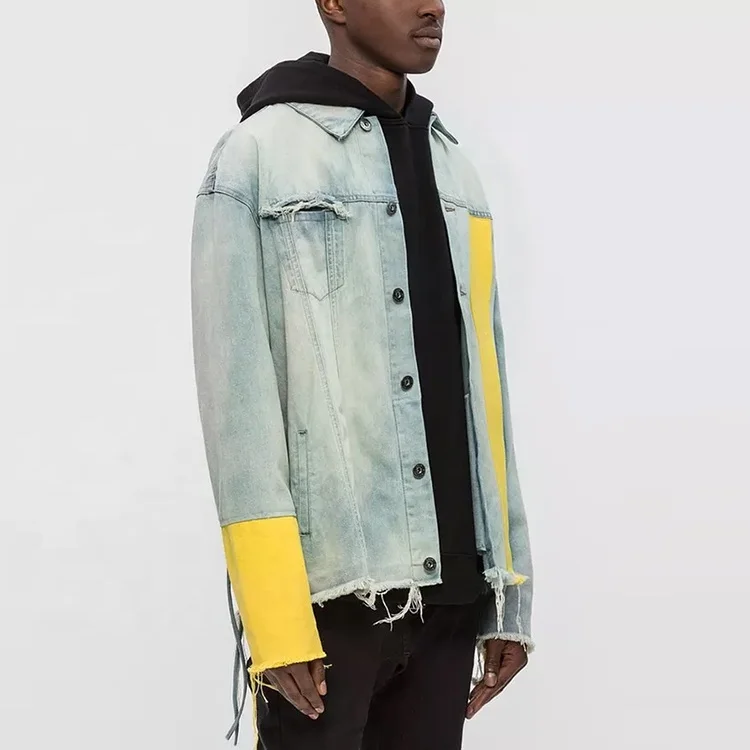 High Quality Custom Men Vintage Yellow Sleeve Slight Distressed Denim Jacket Men