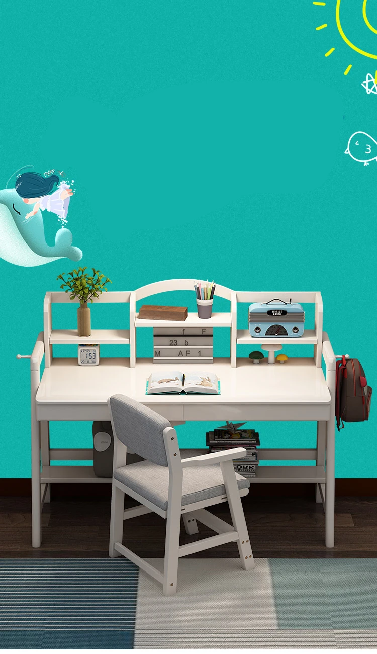 Homedone White Color Kids Adjustable Learning table wholesale Children Study Desk Storage Bookshelf