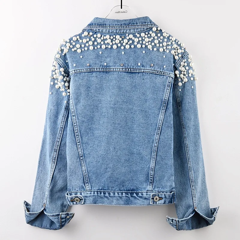 distressed denim jacket with pearls