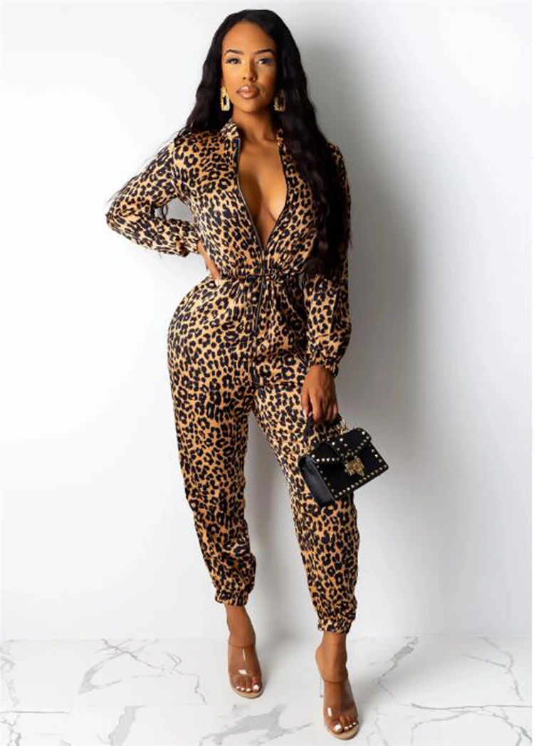 C3680 Sexy winter clothing stand collar long sleeve V neck leopard printing trendy fitness women jumpsuit party clothing club