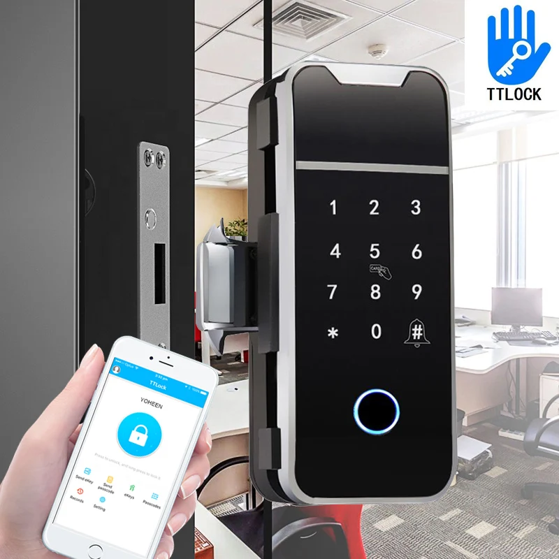 WiFi Bluetooth TTLock APP Fingerprint Glass sliding door lock for Office and Home