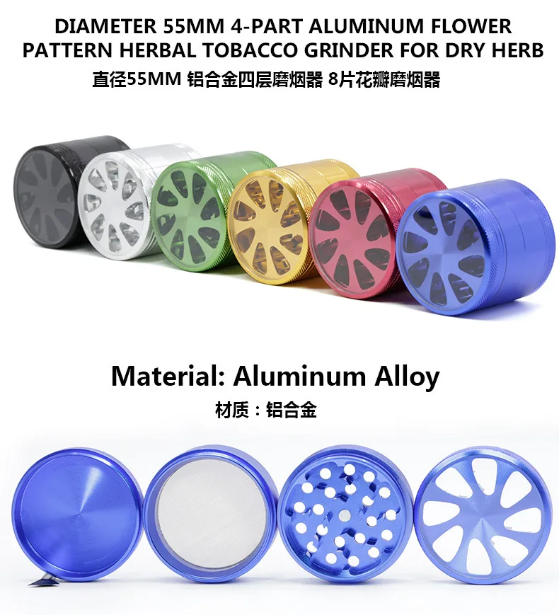 Hot sale 55mm Aluminum alloy 4 parts weed grinder petal herb grinder LV550