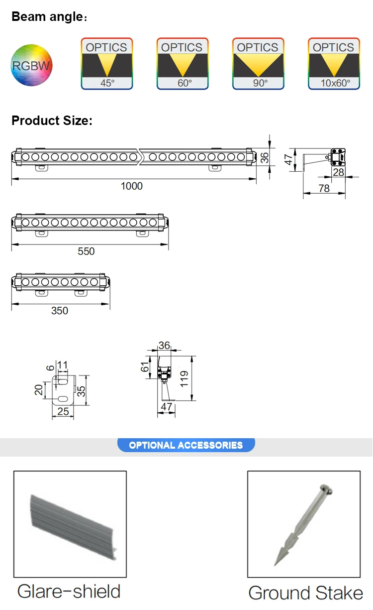 Exterior outdoor waterproof landscape 6w 10w 12w rgbwa ip65 dmx rgb strip bar wall washing lamp led wall washer light