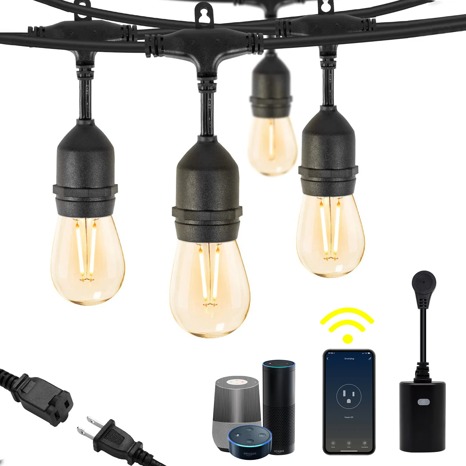 Wireless Outdoor Indoor Remote Control  48 ft Black Commercial Medium Suspended Socket String Light 11S14 Clear Bulbs