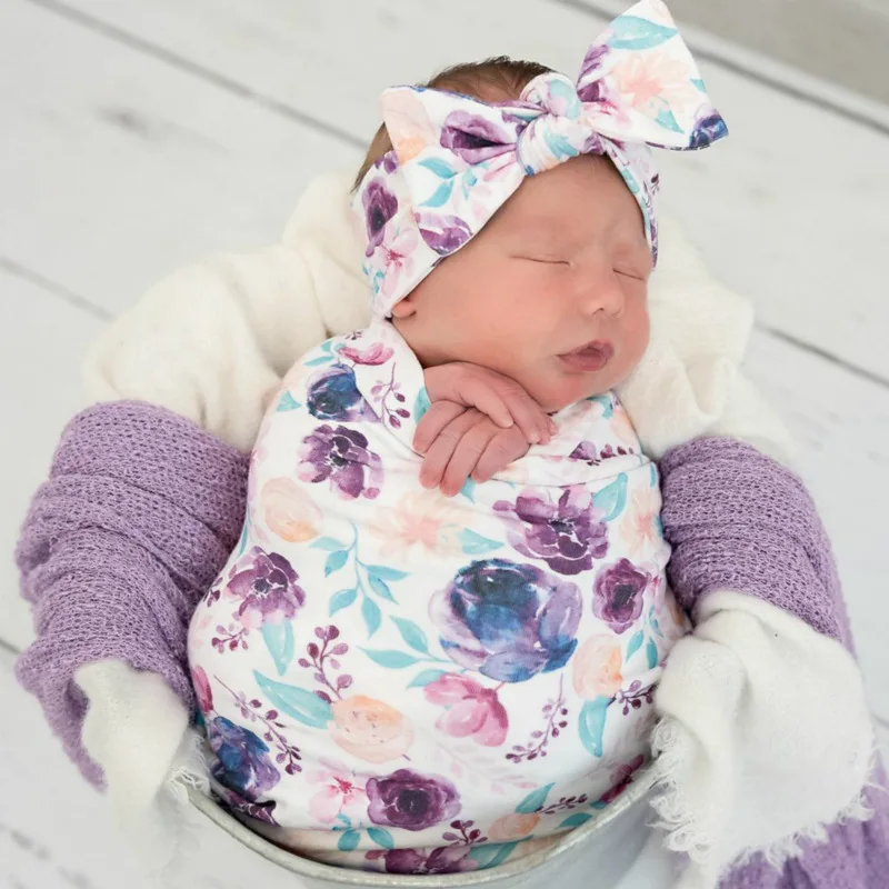 Ready To Ship 3pcs/set Newborn Baby Purple Floral Wrap Swaddle Blanket