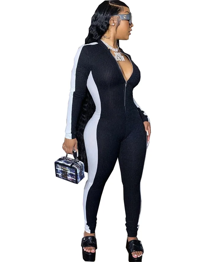 Fashion Lady Rompers Long Sleeve Patchwork Adjustable Neck Sexy Autumn Women One Piece Jumpsuits