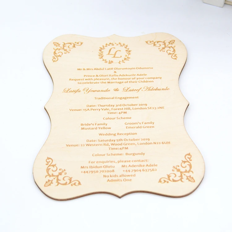 Perso<em></em>nalized wood engraved wedding wooden invitation card