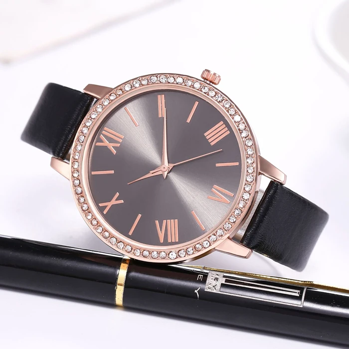 价格便宜lw402罗马皮表带女式手表时尚钻石女式腕表