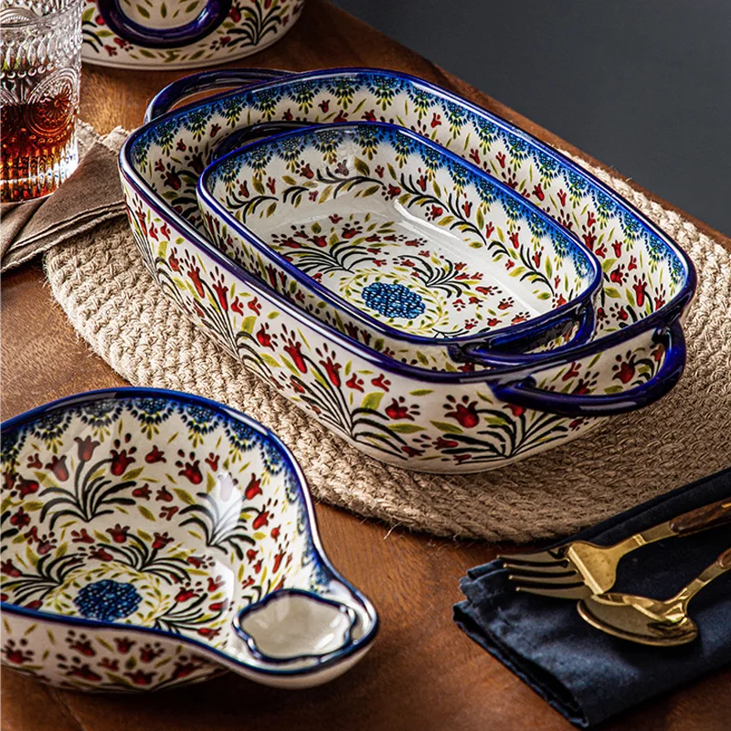 Ceramic Bakeware Polish Style Baking Brownie Cake Pan with Handle Ceramic Dinnerware Home Kitchen Utensils manufacture