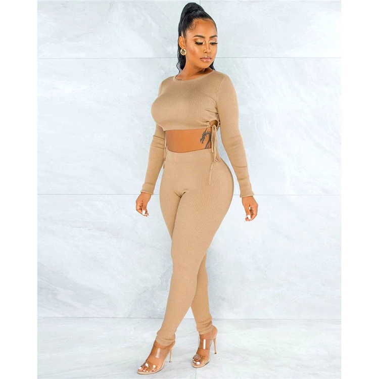 Hot Sale Bodycon Knit Drawstring Stretchy Pants Crop Top 2 Piece Set Women Two Piece Set Women Clothing