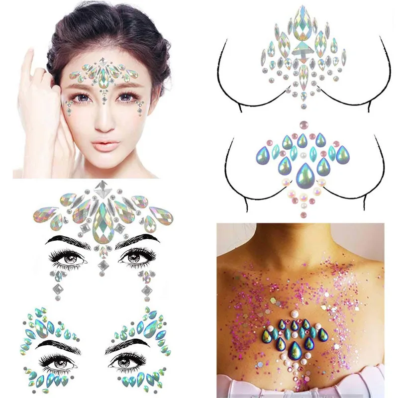 Set Crystal Sexy Chest Jewels Temporary Tattoo Sticker 3d Stage Rhinestone Flash Tattoo Adhesive