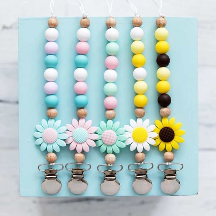 Sunflower Teether Silicone Round Beads Baby Teething Dummy Pacifier Chain Clips 