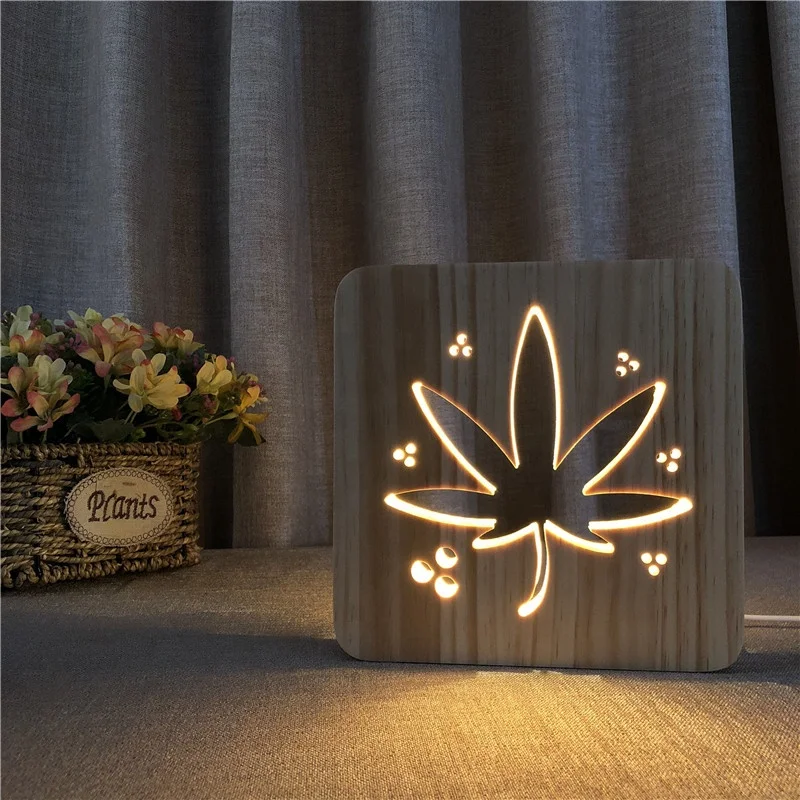 FS-T1893W Free shipping cost wood table light leaves 3d night light led lamp 3d effect led light