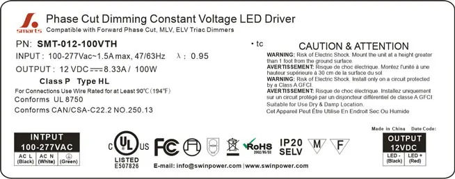 7 years warranty 100W Waterproof power supply 100V to 277V AC input Isolated led driver for LED lighting