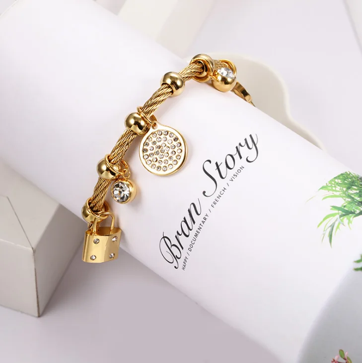 Cute Key Lock Stainless Steel Bracelet With Zircon Round Bangle Female Jewelry