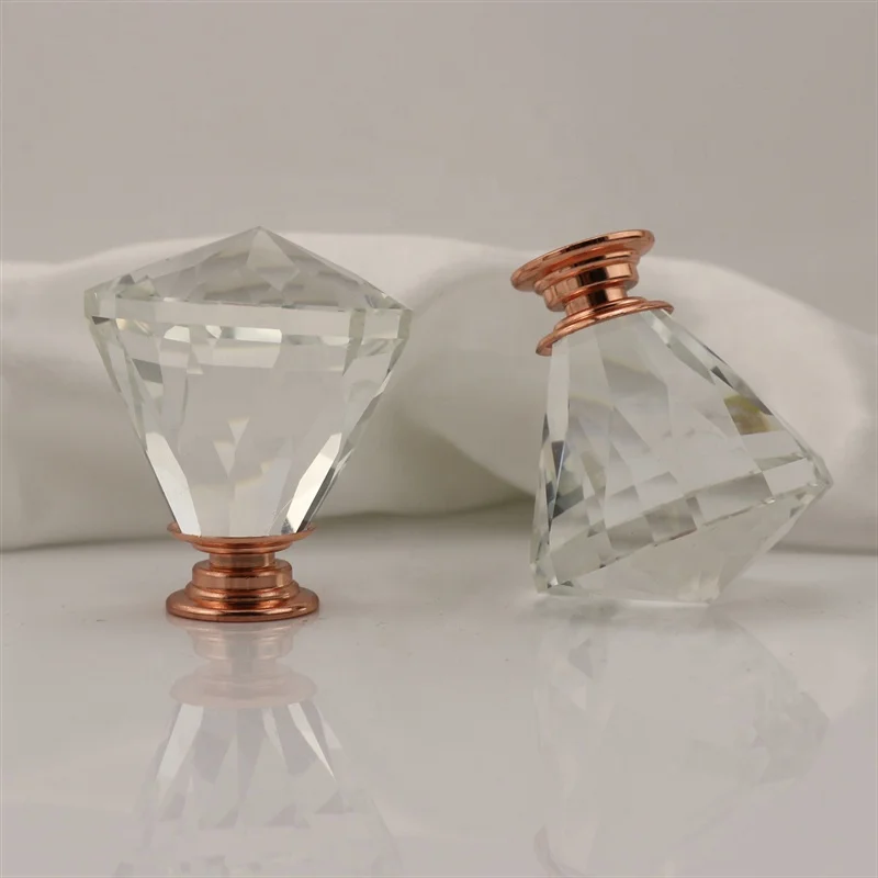 Clear 40mm Rose Gold Base Crystal Glass Door Knobs Handle Drawer