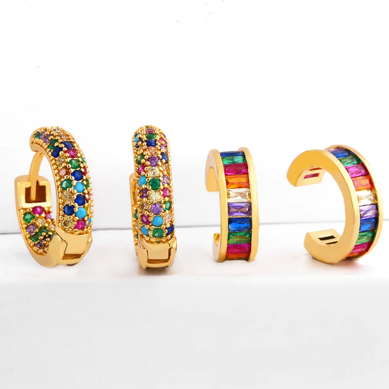 Luxury 18K Gold Plated Brass Earrings Rainbow Stone Zircon Charm Hoop Earrings for Women