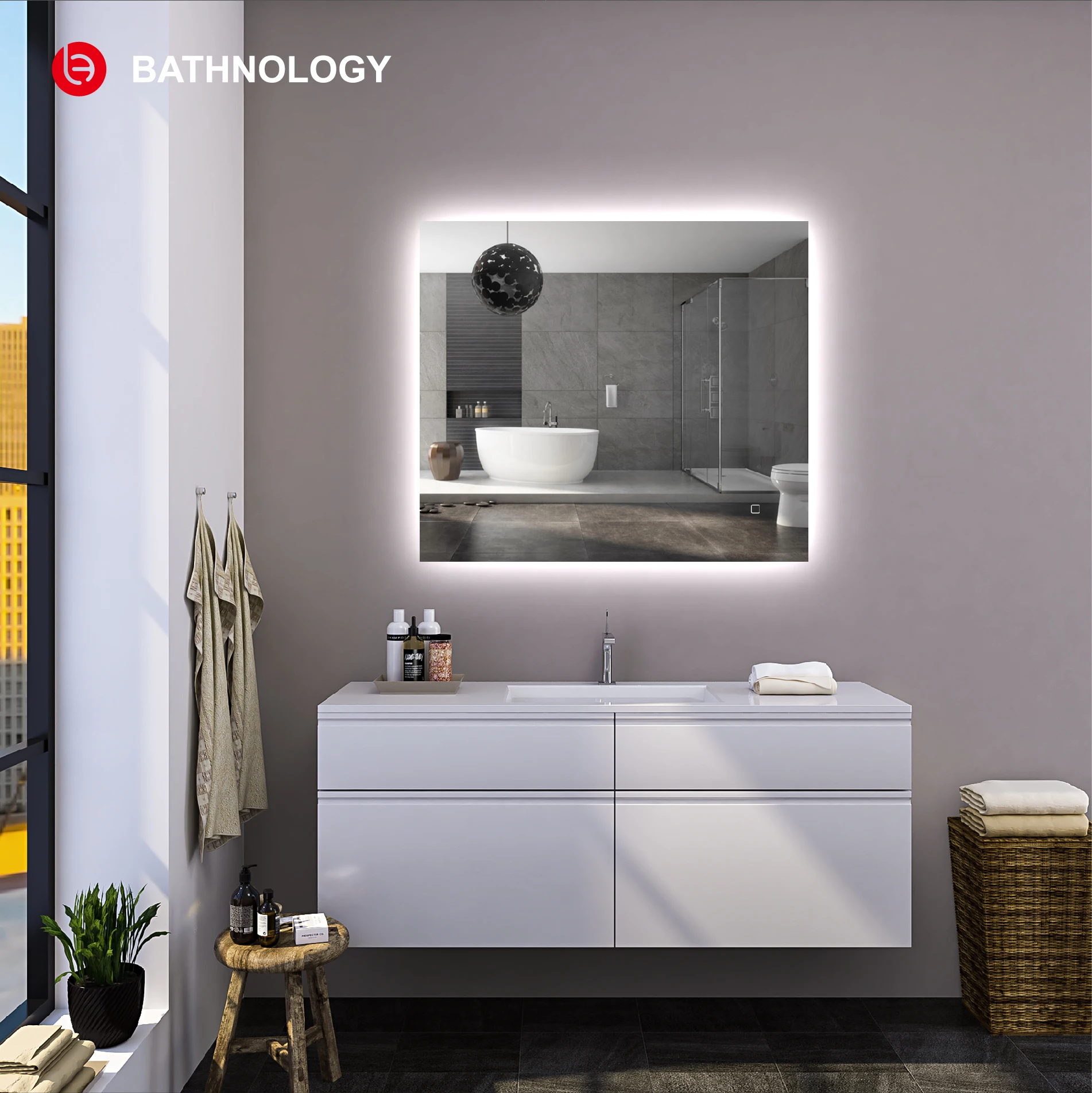 Copper Free Silver Bathroom Mirror Led Touch Smart Mirror Rectangle MDR70-80 5mm Illuminated Magnifying Graphic Design Modern