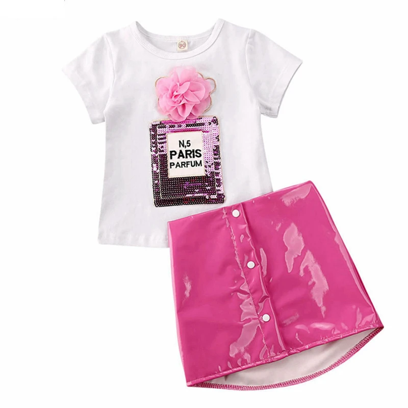 

2021 new Toddler Kids Baby Girl Summer Clothes Short Sleeve White T-shirt +Mini PU Skirt Outfits Set girls' clothing sets kids