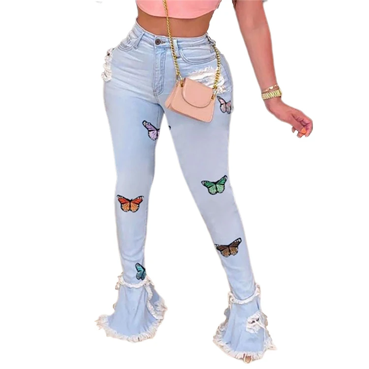 Newest Design Clothing Manufacturer Mid Waist Washed Women'S Jeans 2021 Denim Ripped Printed Women Trendy Flared Denim Jeans