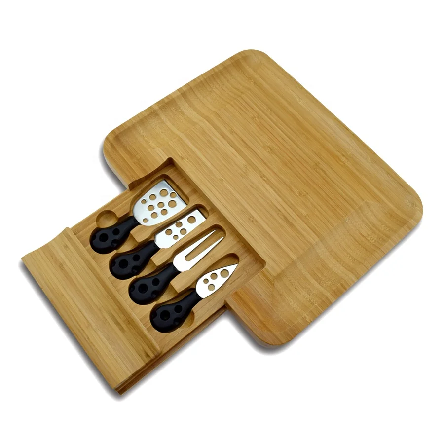 Expandable Wood Cheese Cutting Board With Knife Set And Hidden Drawer