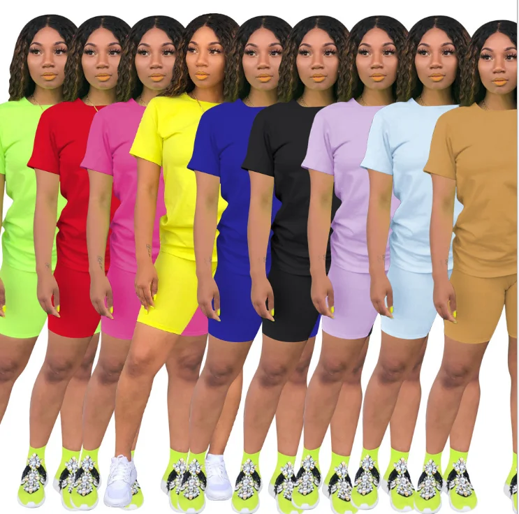 Hot Sale  Women Clothing  Polyester  Short Sleeves Neon Two Pieces Shorts Set Casual 2 Piece Women Outfit