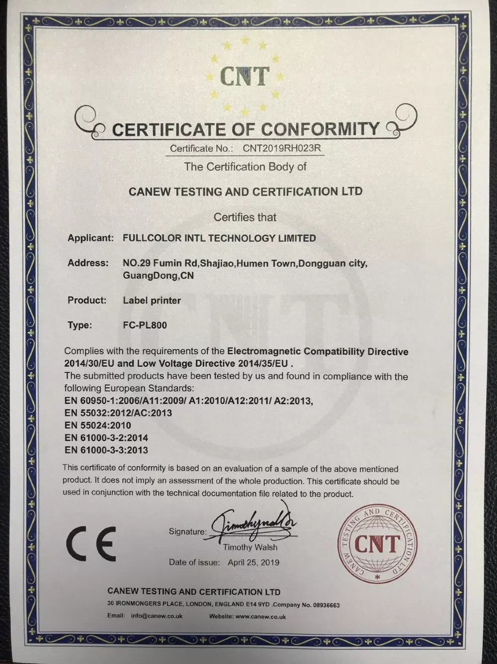 Label printer certificatie