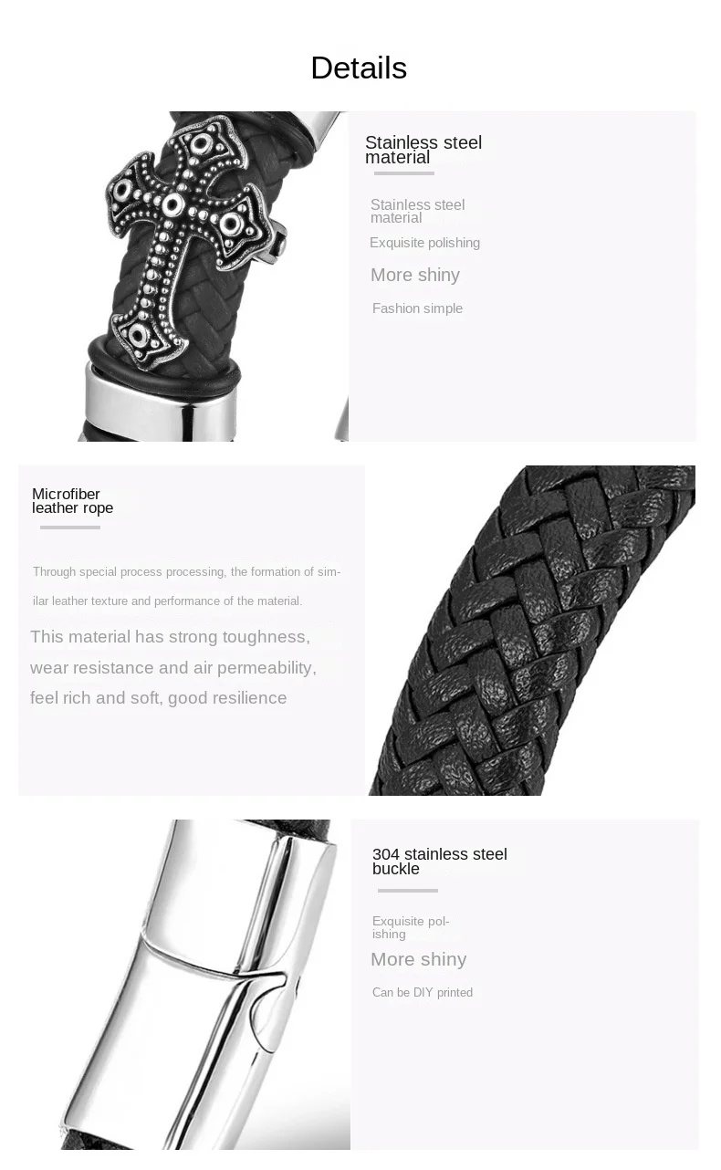 Men's Fashion Charm Bracelets Woven Cross with Stainless Steel New Magnetic Buckle Wholesale Leather Bracelets