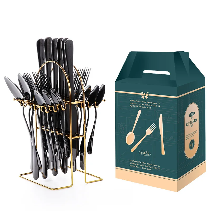 24pcs Heavy Duty Durable Stainless Steel Modern Golden Mirror Polished Steak Knife Fork Spoon Cutlery Set Stand Dishwasher Safe