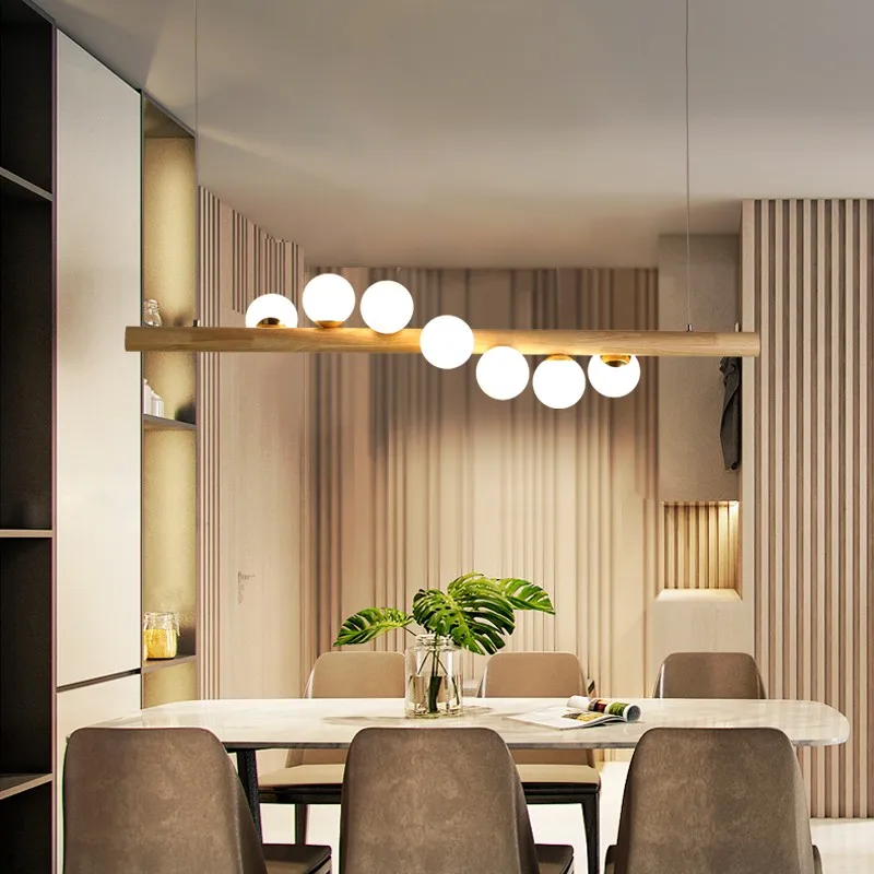 室内北欧现代木制图案 e14 枝形吊灯光木白色玻璃球吊灯