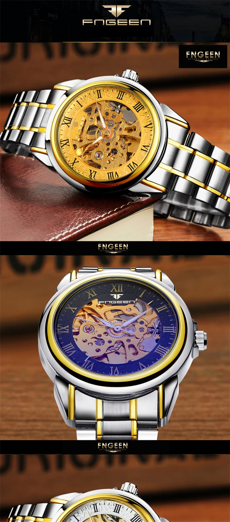 Fngeen 8866 Men Luxury Skeleton Automatic Winding Mechanical Watches ...