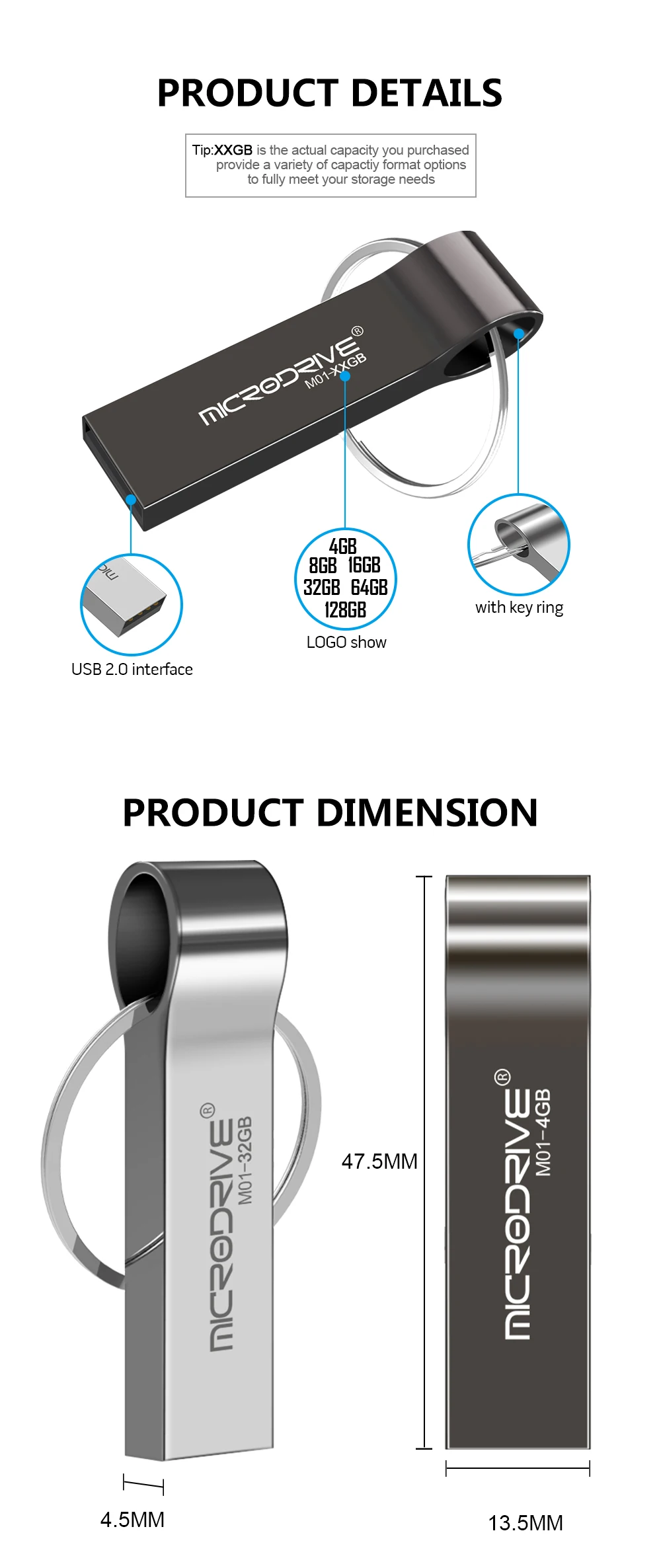 wholesale Custom Logo Stainless Steel Key chain USB pen drive 1GB 2GB 4GB 8GB 16GB 32GB 64g memory stick - ANKUX.COM