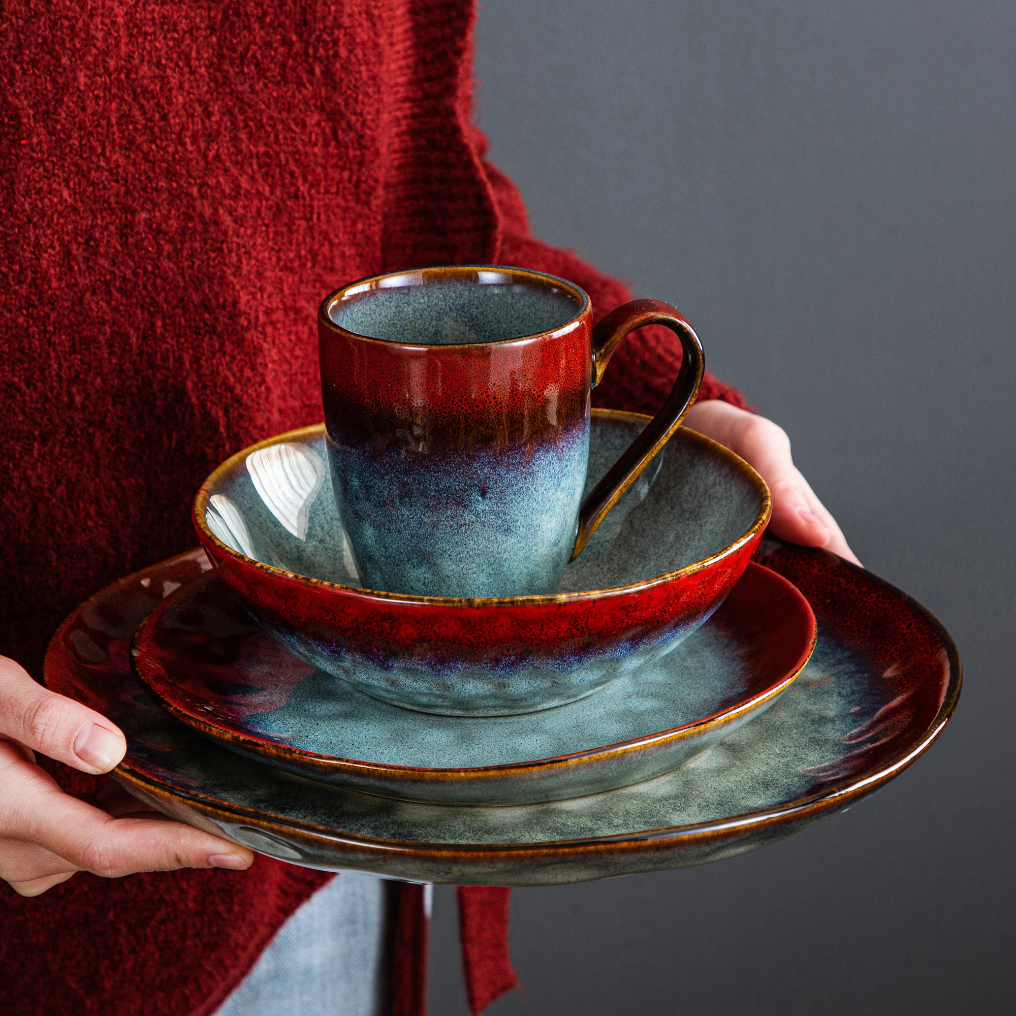 16/32/48-piece Starry Dinner Set,Kiln Change Glaze Tableware Dinner Plate Red Vintage Porcelain Dinnerware Set Vaisselle factory