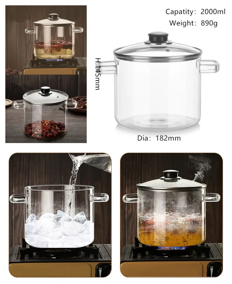 Borosilicate Glass Transparent Flameproof Glass Pot With Lid For