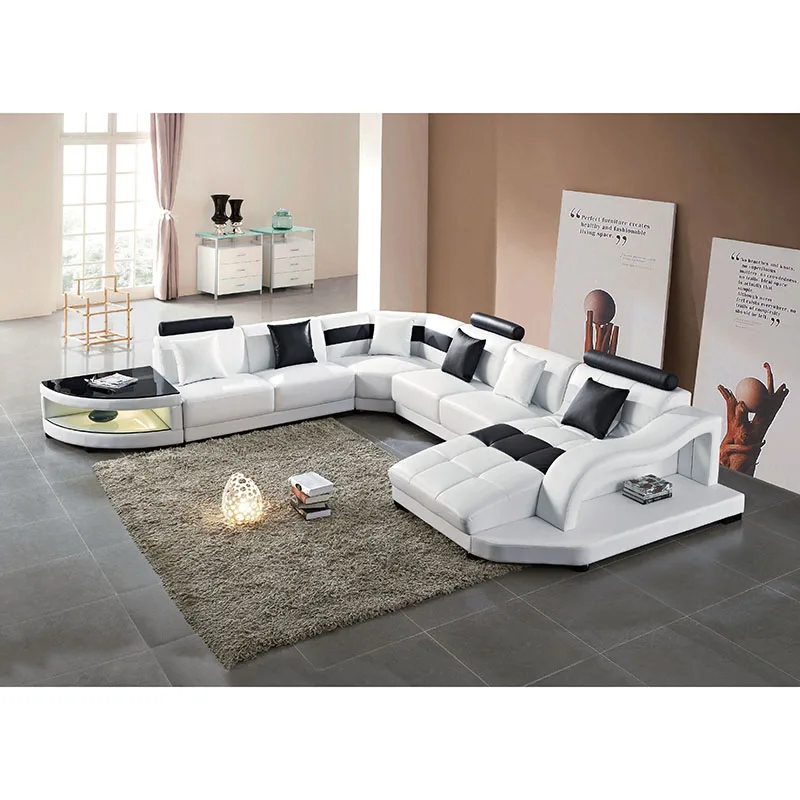 modern best sale living room furnitures sofas designs white u shape sectional leather sofa with led light