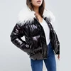black long sleeve metallic hooded PU faux fur women puffer padded jacket