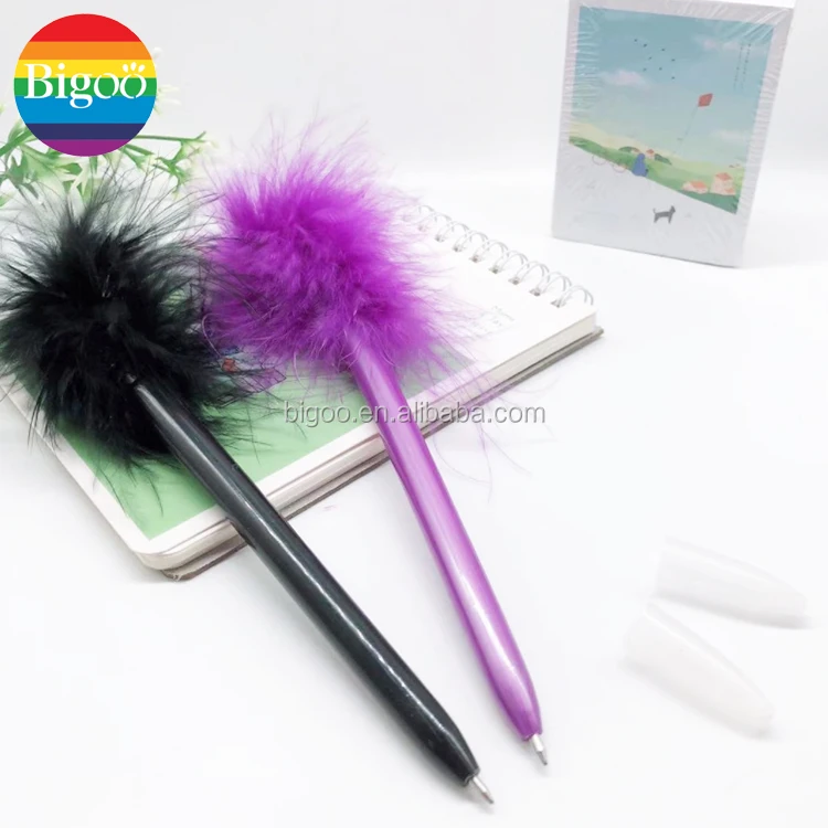 Colorful pompom ballpoint pen with feather color matched barrel color 0.7mm refill for promotional or gift