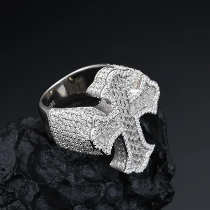 S925 Silver Moissanite Cross-Shape Ring for Men Super Flash T Square Diamond Cross-Border Hip Hop Style Ready to Wear