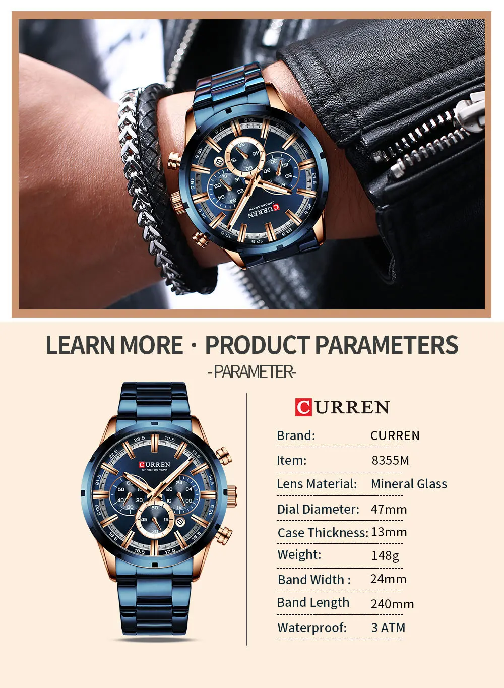 Curren 8355 Classic Oem Men Clock Stylish Stainless Steel Band Water ...