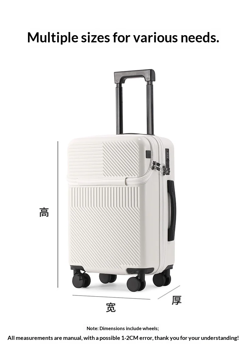 product 2026 new design front opening pocket luggage charging usb cup holder abspc spinner anti theft 20 inch boarding travel suitcase-17