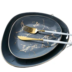 Nordic ceramic gold-rimmed plate Marble textured tableware Western dinner steak plate rice bowl salad bowl