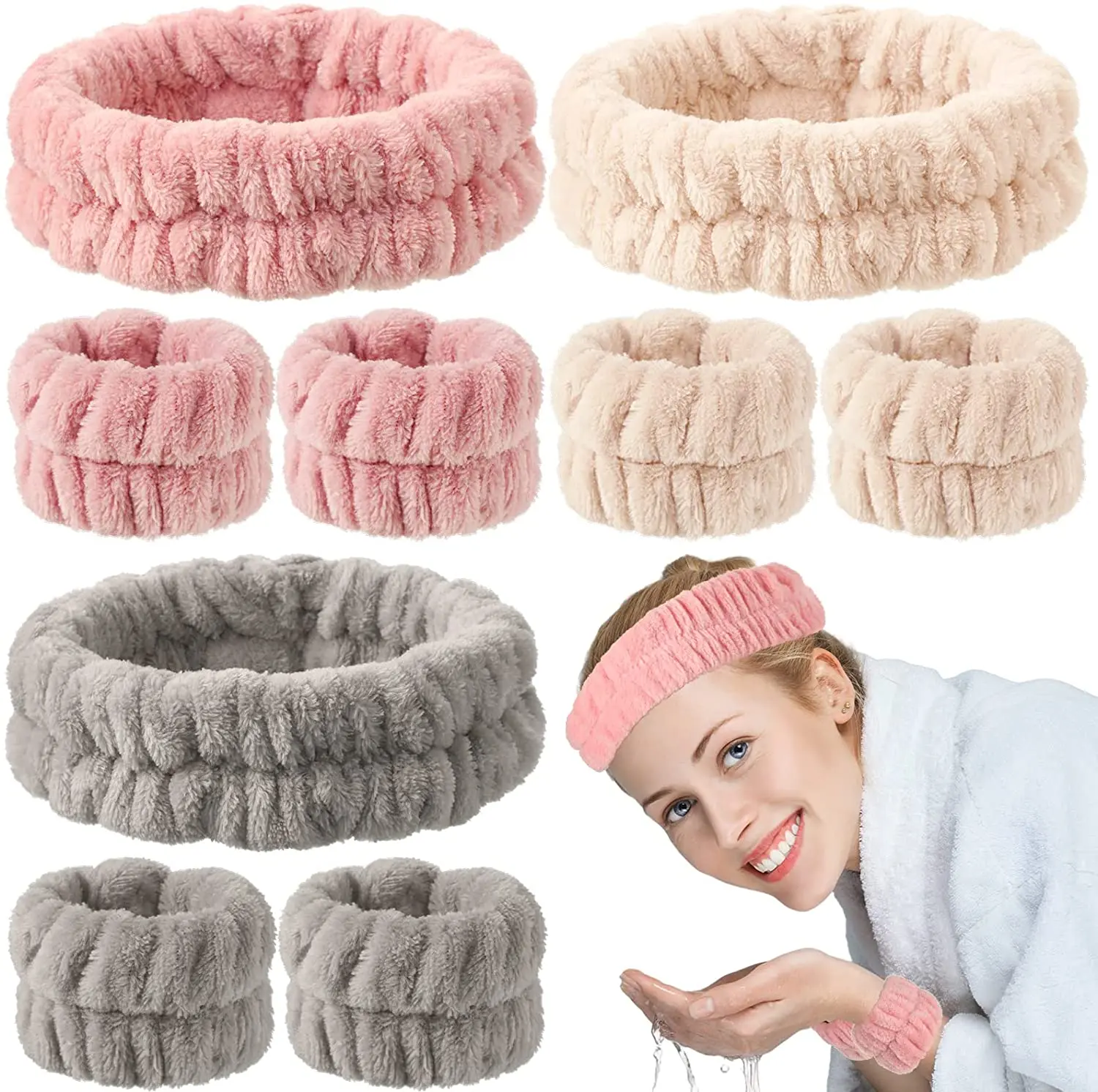 9 Pieces Spa Headband Wrist Washband Set 3 Pcs Coral Fleece Facial