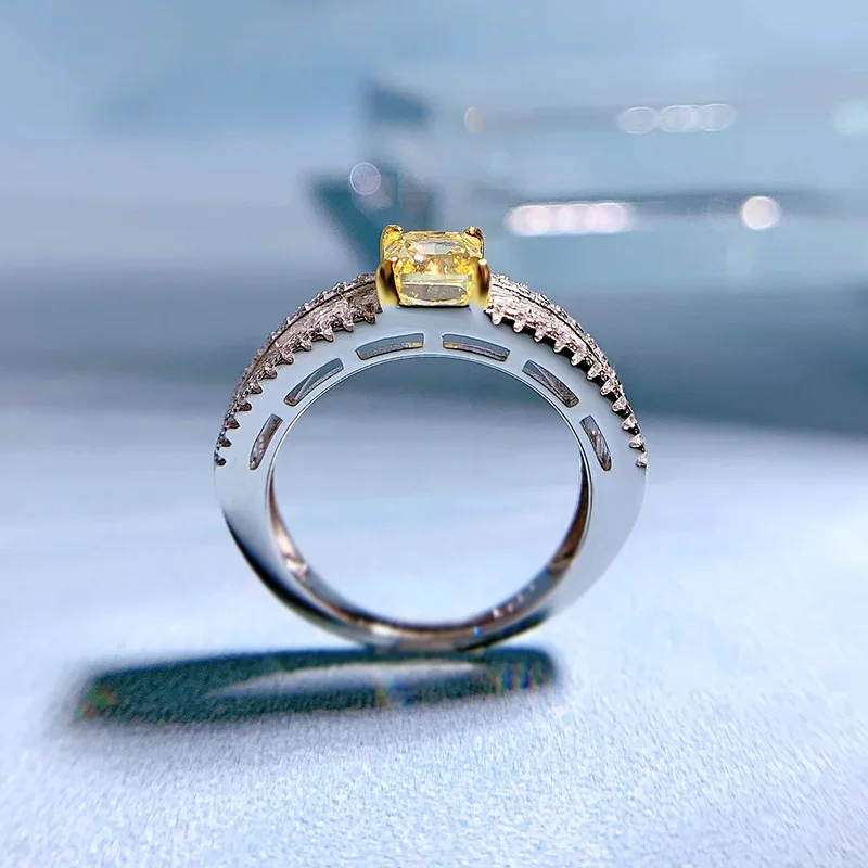 2025 Collection High Carbon 925 Silver Yellow Diamond Ring Radiant Cut 5*7mm Lab Diamond Style Best Seller Rhodium Plated