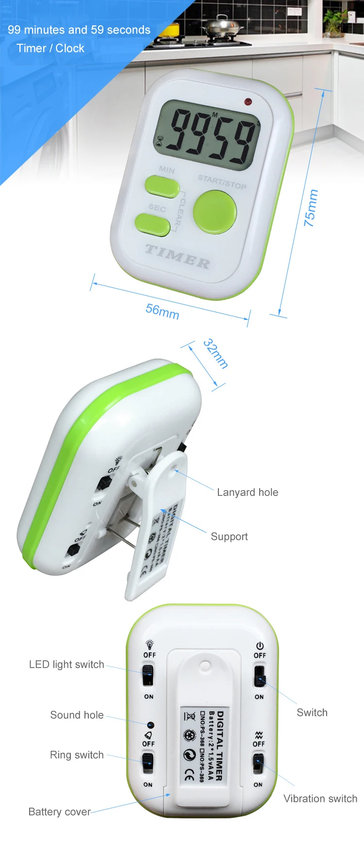 Khtm035 Kitchen Mini Time Stand Vibrate Repeat Cycle Countdown Digital
